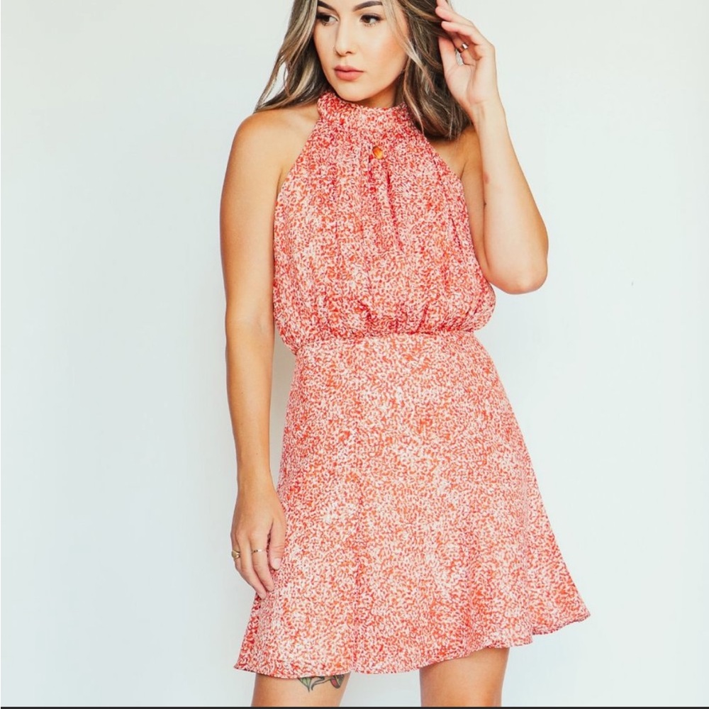 C/MEO COLLECTIVE Patterned Halter Open Back Mini Dress Orange S